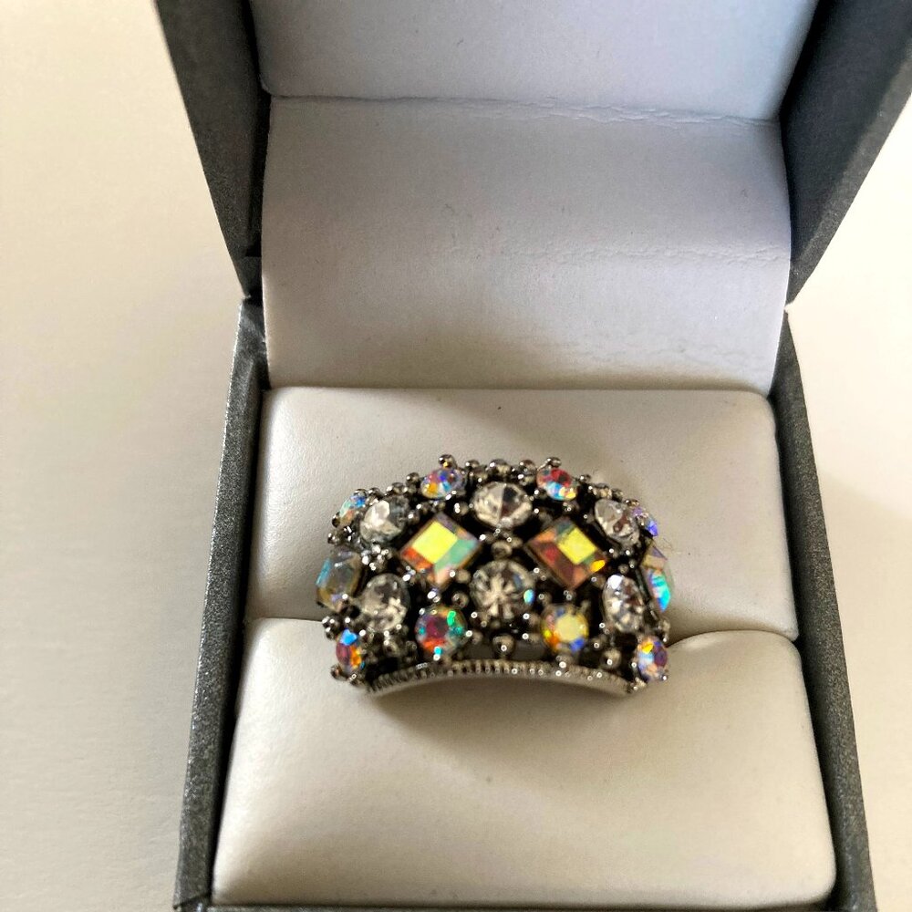 Vintage Adjustable Silver Tone Rainbow Multicolor Rhinestones Ring